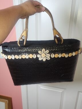 Black Woven Tote with Shell Flower Accent ANN KLEIN